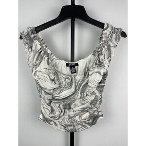 Just Polly White Gray Marble‎ Mesh Ruched Side Seam Crop Top Size M